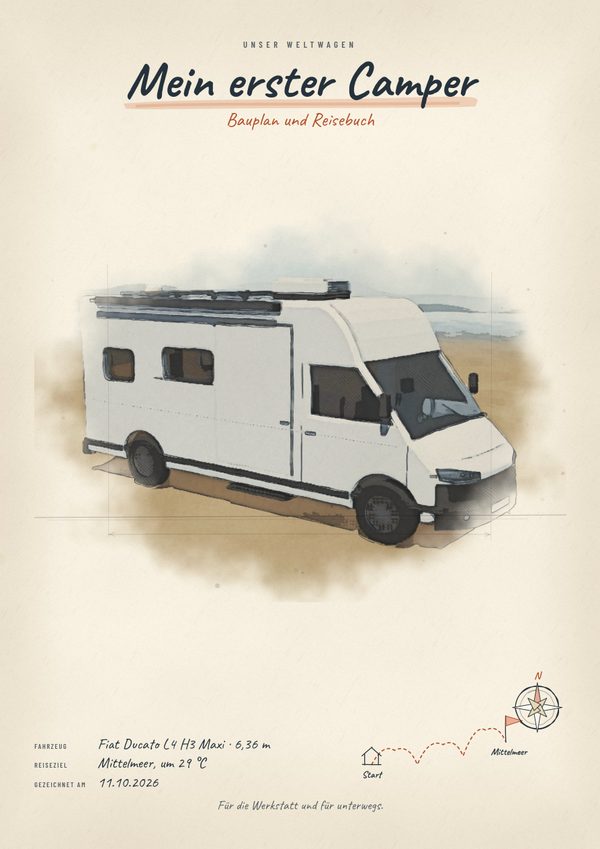 Deckblatt des Reisebuchs mit gemaltem Camper, Reiseziel und Kompass