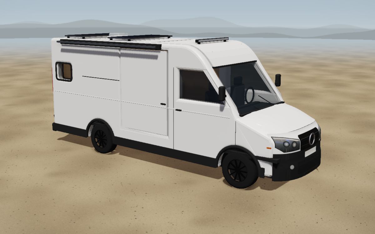 Sprinter met polyester achteropbouw als camper, 3D-weergave van buitenaf met onze voorgestelde plattegrond