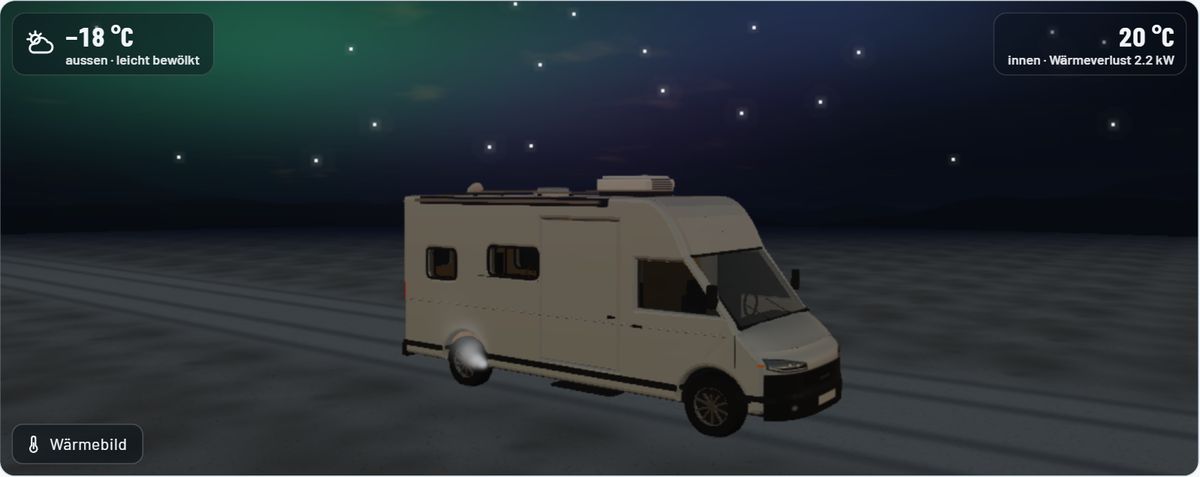 Simulation in 3D: Camper nachts am Nordkap unter Polarlicht