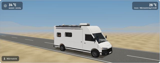 Simulation in 3D: Camper fährt am Mittag auf der Küstenstrasse