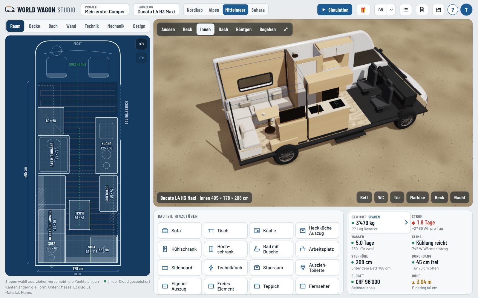 Das Studio mit Grundriss links, 3D-Ansicht rechts, Bauteilen und Bordcomputer unten