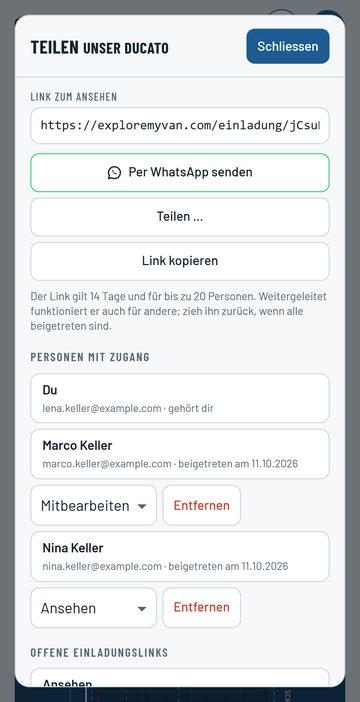 Teilen auf dem Telefon: Einladungslink, Knopf «Per WhatsApp senden» und die Personen mit ihrer Rolle